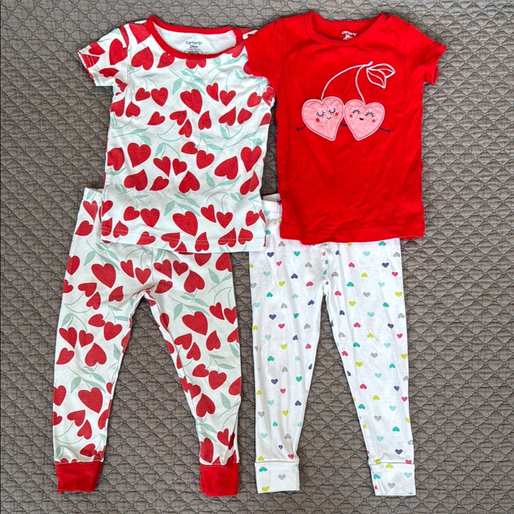 Red and White Hearts Spring Girl Pajama Sets Bundle for Cozy Nights. Size 24m.